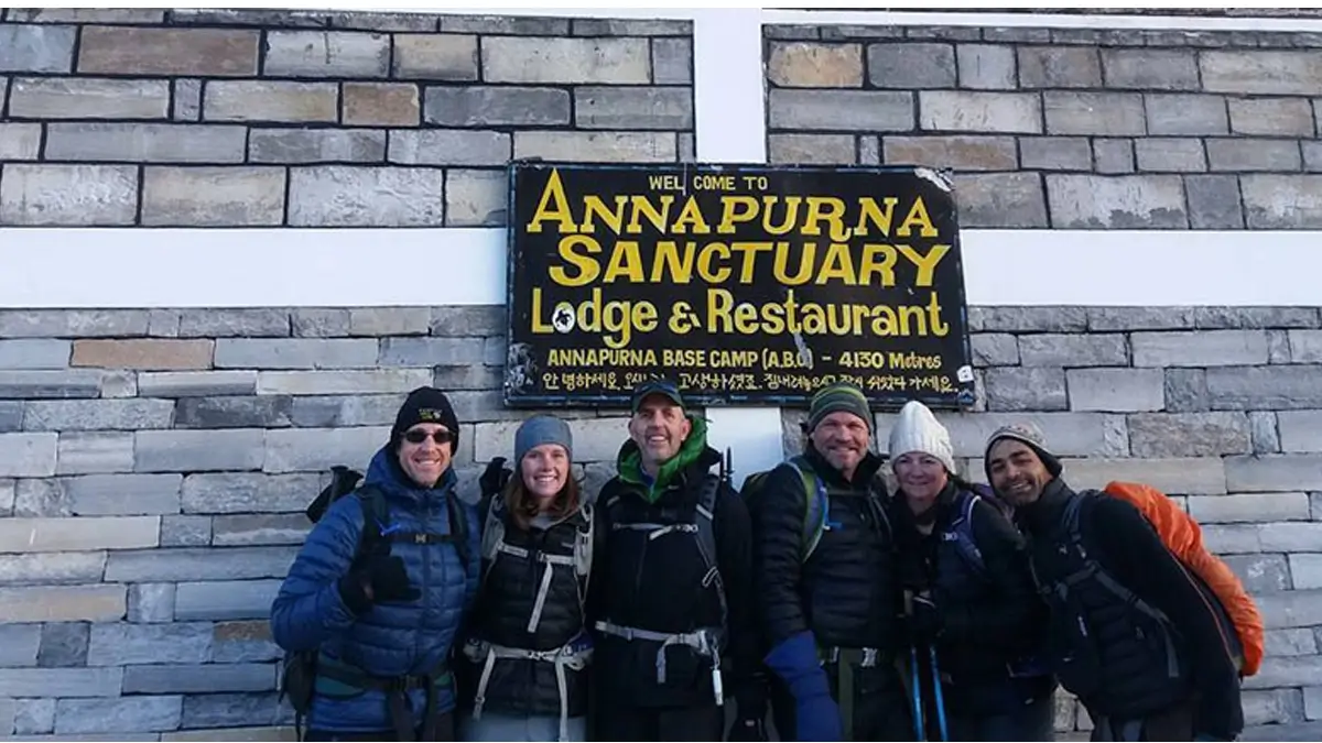 A team outside teahouse on the Annapurna Base Camp Trek 