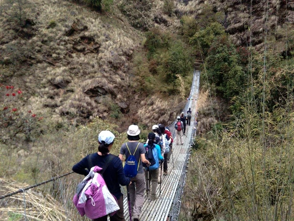 Thai Group Crossing Suspension Bridge Around Langtang Valley